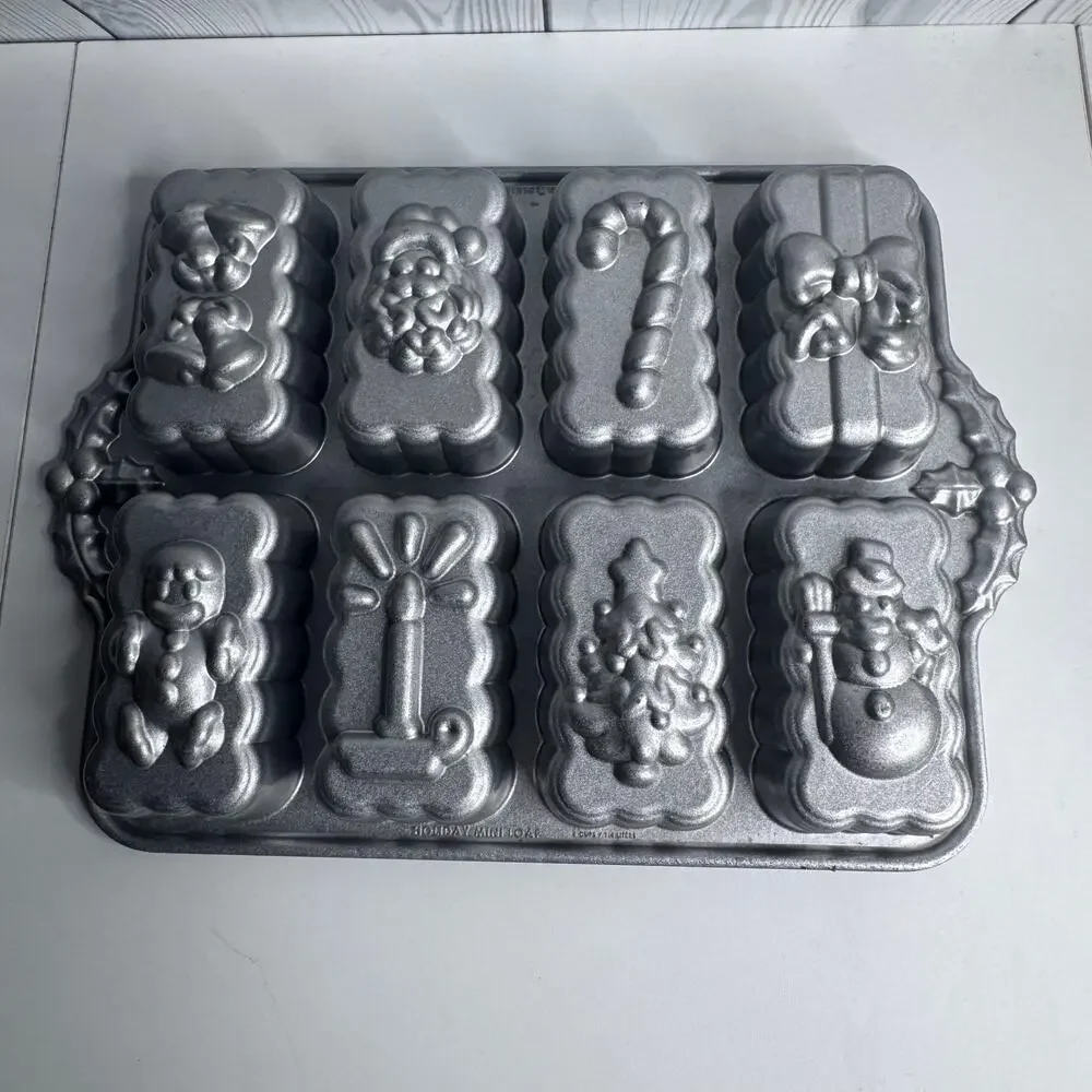 Nordic Ware Holiday Mini Loaf Baking Pan Santa Snowman Candle Christmas 8 Cup